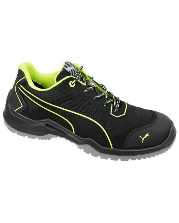 Puma-Sicherheitsschuh-Fuse-TC-Low-S1P-schwarz-grün-Ansicht-schraeg-rechts